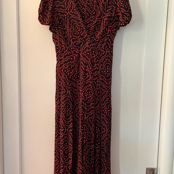 Loco Lindo Vintage Style Black Red dotted pattern v neck wrap top dress Sz S - Picture 3 of 7